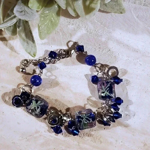 Vintage Murano Glass Beads Blue Silver Charm Bracelet PD 1178-BL C - Picture 6 of 7